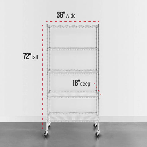 5 Tier Heavy Duty Steel Wire Shelf On Wheels NSF Certified Utility Rack 18x36x72 Inches Great For Garage Home Shop Ample Storage With Smooth Roll Casters Industrial Grade Racking, 36w x 18d x 72h