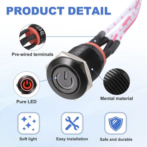 12mm Chassis Metal Power Button With Red LED 39 Inch Wire On Off Switch For ATX PC Builds DIY Friendly Case Button Black Finish Easy Install Power Symbol For Front Panel, pre-wired terminals