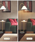 Modern Elegant Floor Lamp With Tray Shelf For Office Cafe Den Living Room Or Bedroom, Brass Gold Finish, On-Off Comparison