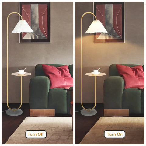 Modern Elegant Floor Lamp With Tray Shelf For Office Cafe Den Living Room Or Bedroom, Brass Gold Finish, On-Off Comparison