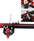 Tough Table Saw Miter Guide With 13 Positive Angle Stops And Adjustable Backing Blocks That Slide Smooth To 36 Inches Using Secure Stop Locks And Clear Readouts For Hassle Free Woodworking Band Saw Router Table Jobs on workbench.