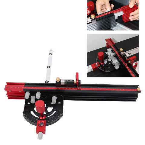 Tough Table Saw Miter Guide With 13 Positive Angle Stops And Adjustable Backing Blocks That Slide Smooth To 36 Inches Using Secure Stop Locks And Clear Readouts For Hassle Free Woodworking Band Saw Router Table Jobs on workbench.