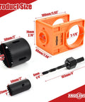 Door Lock Installation Kit with High Carbon Steel Hole Saw Set for wooden doors, orange template, drill bit and arbor.