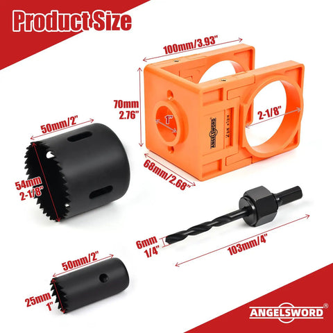 Door Lock Installation Kit with High Carbon Steel Hole Saw Set for wooden doors, orange template, drill bit and arbor.