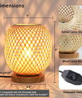 Dimmable Rattan Table Lamp With Bamboo Woven Shade, Boho Wicker Desk Light For Nightstand Or Dorm, Warm Ambient Glow, Wooden Base