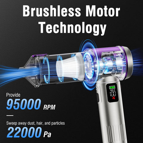 Cordless Handheld Car Vacuum With 22000 Pa High Power Suction showing brushless motor technology