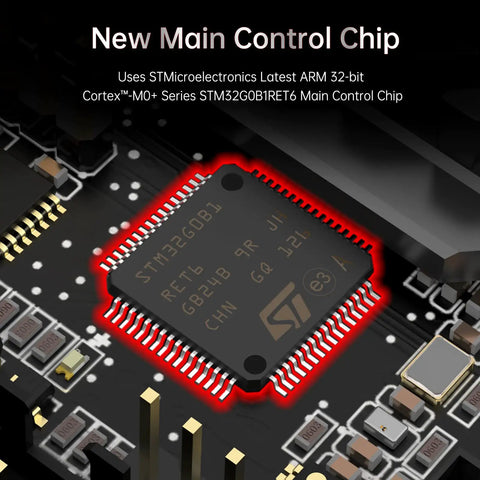 Close-up of SKR Mini E3 V3.0 32Bit Control Board STM32G0 MCU chip with TMC2209 UART for Ender 3 Pro 3D printer upgrade.