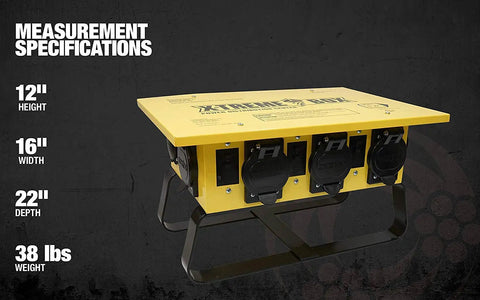 Heavy Duty Portable Temporary Power Box With Six 5-20R Receptacles And Reliable GFCI Protection Built Like A Tank With 14 Gauge Steel For Demanding Jobsite Projects dimensions: 12" height, 16" width, 22" depth.