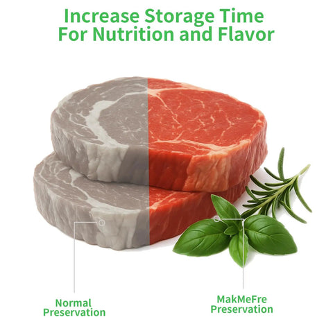 6 Pack Vacuum Sealer Bags Rolls 8x20 And 11x20 Cut To Size Heavy Duty BPA Free For All Clamp Style Machines Great For Sous Vide Cooking And Food Storage Freezer Safe Microwave Safe Boilable Safe image showing vacuum-sealed meat comparison with herbs highlighting preservation benefits.