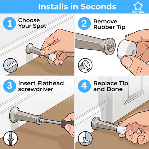 Step-by-step installation guide for Heavy Duty Door Stoppers For Bottom Of Door Solid Metal Baseboard Mounted Screw In Wall And Floor Protector Satin Nickel Finish 3 Inch 8 Pack.