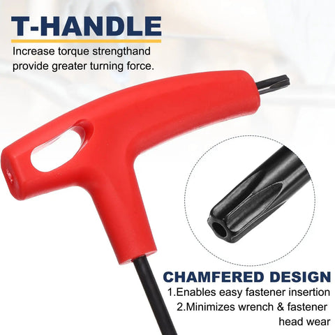 Dual End T27 Torx Key Wrench T Handle Set Pro Grade Built Tough Heavy Duty Carbon Steel close-up with red T-handle