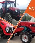Collage of three images showing a red farm tractor from different angles: front, side, and close-up views.
