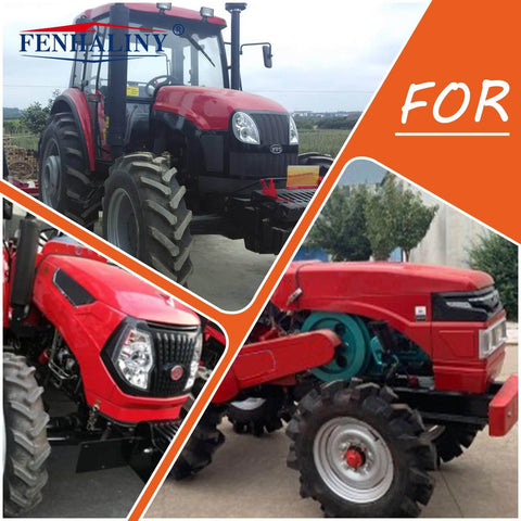 Collage of three images showing a red farm tractor from different angles: front, side, and close-up views.