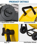 Close-up of 24-Inch High Velocity Drum Fan with 3-speed motor switch, handle, easy tilt, and solid rubber wheels, ideal for industrial spaces.