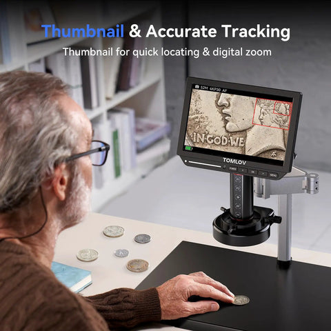 4K Autofocus Digital Microscope With 10.1 Inch HDMI Display Spin Flex Arm 52MP Coin And Electronics Repair Soldering Microscope Ring Light AI TOF Imaging Auto Focus 16GB Storage Pro Grade showing coin inspection