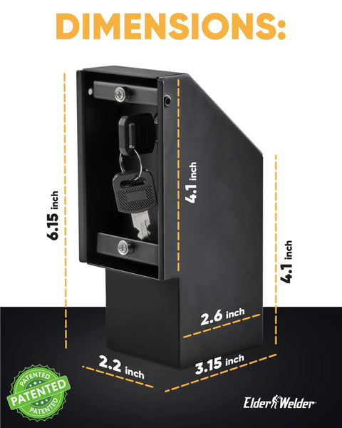 Dimensions of Electrical Outlet Hidden Wall Safe with keyed lock shown, size 6.15 x 4.1 x 3.15 inches, patented design