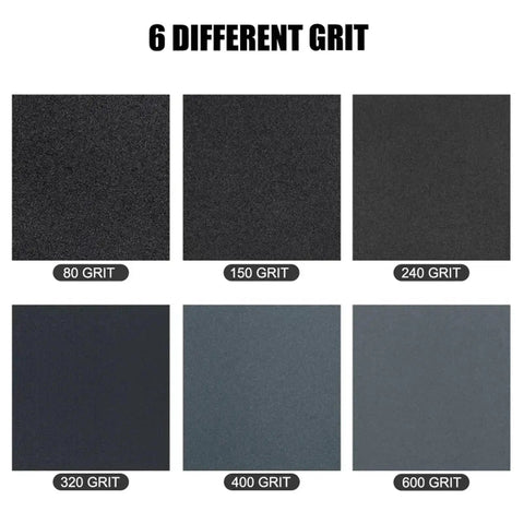 Kick Your DIY Projects Into High Gear With 60 Pcs Assorted Grit Sandpaper Sheets showing 6 different grit grades: 80, 150, 240, 320, 400, 600.