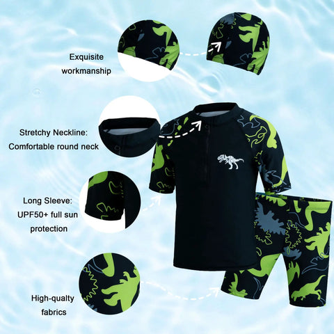 Boys Swim Set With UPF50 Long Sleeve Zip Rash Guard And Quick Dry Trunks 4 Way Stretch Beachwear For Swim Lessons Water Park And Beach Ages 4 To 12 Black