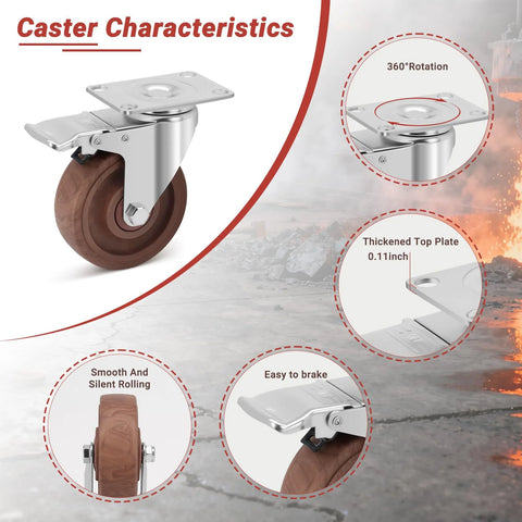 Heavy Duty 4 Inch Casters Set Of 4 With Brakes, 2000 Lbs Load Capacity, Glass Filled Nylon Wheels