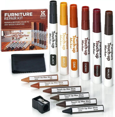 13 Piece Wood Stain and Scratch Repair Kit for Furniture With Markers and Wax Sticks, includes sharpener and cloth