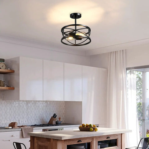 Farmhouse Dope Semi Flush Mount Ceiling Light Black Industrial Two Light Fixture With Metal Cage 11.8 Inch in kitchen