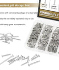 Pro Grade Four Gauge Stainless Steel Wood Screws Countersunk Phillips Head Self Tapping Assortment Kit 202 Piece Set in labeled storage box.