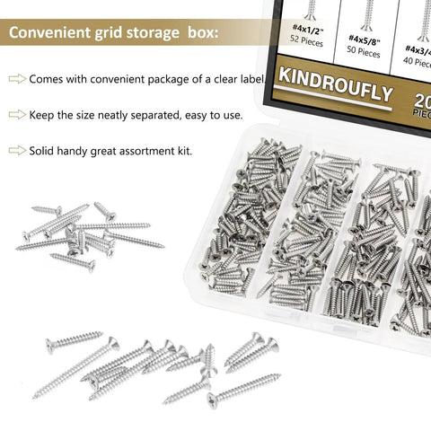 Pro Grade Four Gauge Stainless Steel Wood Screws Countersunk Phillips Head Self Tapping Assortment Kit 202 Piece Set in labeled storage box.