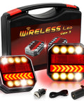 SAKFEP magnetic wireless trailer lights kit, front view: two square LED taillights with amber arrow signals and 12V car adapter.