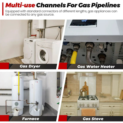 72 Inch Flexible Stainless Steel Gas Line Kit For Dryer Stove And Range shown with various gas appliances.