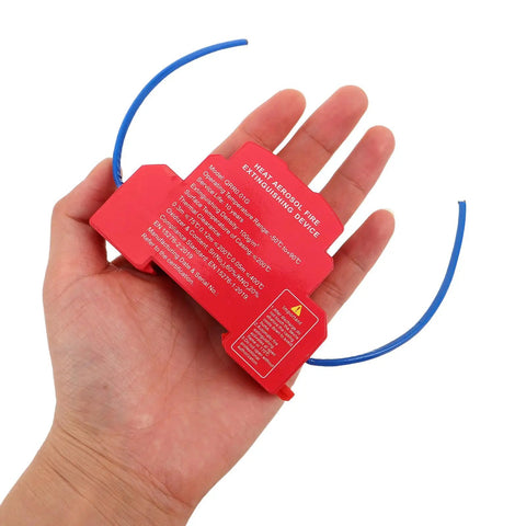 Heat Activated Auto Fire Extinguisher Patch With Drop Dead Aluminum Alloy Housing And Super Sticky Backing in hand, red device