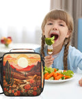 Child eating with Desert Flower Cactus Insulated Lunch Bag Tote With Leakproof Cooler Waterproof Reusable Thermal Food Bag on table.
