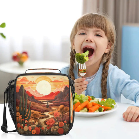 Child eating with Desert Flower Cactus Insulated Lunch Bag Tote With Leakproof Cooler Waterproof Reusable Thermal Food Bag on table.