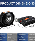 Beefy 12V Emergency Siren Speaker PA System Kit dimensions with remote, 200W, multi-tone, aluminum alloy, rated voltage 12V DC.