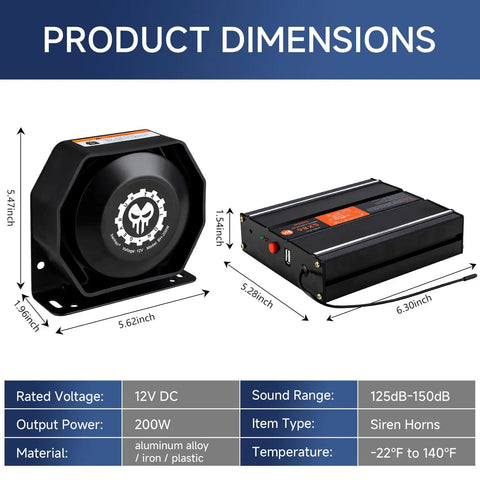 Beefy 12V Emergency Siren Speaker PA System Kit dimensions with remote, 200W, multi-tone, aluminum alloy, rated voltage 12V DC.