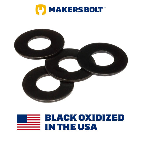 Heavy Duty One Quarter Inch 18-8 Stainless Steel Flat Washers Black Oxide Finish 100 Pack For DIY Projects And Hardware Upgrades Nine Thirty Second Inch Inner Five Eighths Inch Outer 0.050 Inch Thick USA Made shown in black oxidation, arranged on a white background with a USA flag icon.