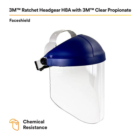 H8A Ratchet Headgear With WP96 Clear Faceshield Safety System For ANSI Z87 Protection, blue top, clear shield, side view.
