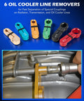 26 Piece Fuel Line Disconnect Tool Set with six oil cooler line removers and a tool in use on metal pipes