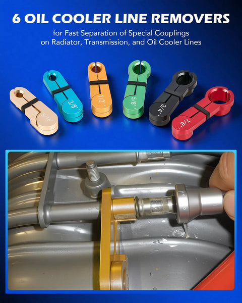 26 Piece Fuel Line Disconnect Tool Set with six oil cooler line removers and a tool in use on metal pipes