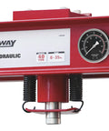 Close-up of red 40-Ton Pneumatic Shop Press with gauge and winch, showing heavy-duty H-frame steel construction, rust-resistant finish.