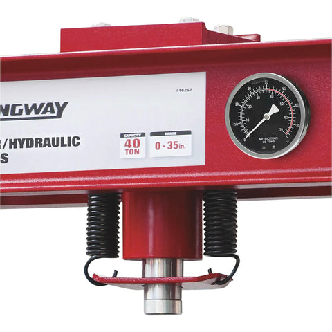 Close-up of red 40-Ton Pneumatic Shop Press with gauge and winch, showing heavy-duty H-frame steel construction, rust-resistant finish.