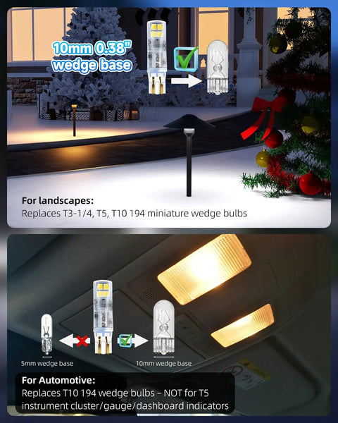 Illustration showing Bright T5 Wedge Base LED Bulbs 12V 1.5W for landscape lights and automotive interior use