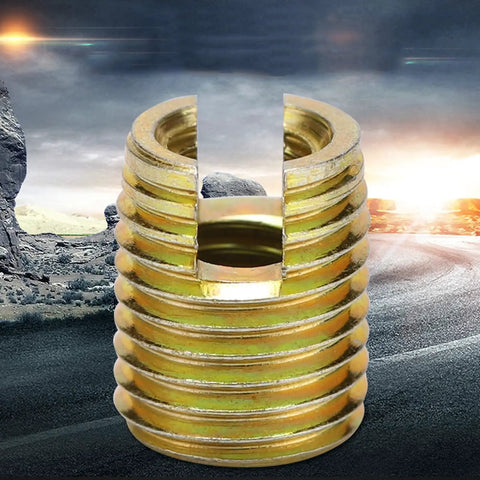 Self Tapping Thread Inserts Kit In Carbon Steel For Thread Repair With Inner M3x0.5 And Outer M5x0.5 Threads Plus Inner M12x1.75 And Outer M16x1.5 22mm Length Built To Last Heavy Duty Vibration Resistant Fastener Repair For Home Auto Industrial, gold insert close-up