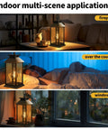 Indoor scenes of 2 Pack Dope Outdoor Solar Lanterns With Hanging Glass Lights Waterproof Dual Power Solar Or 2 AA Batteries Perfect For Porch Patio Yard And Indoor Table Or Mantel Decor on table, counter, and window sill.