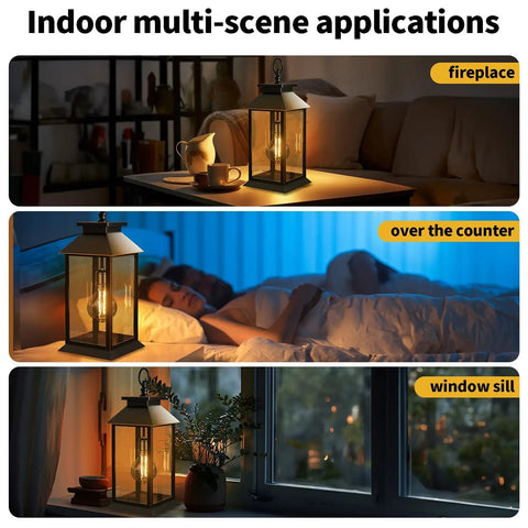 Indoor scenes of 2 Pack Dope Outdoor Solar Lanterns With Hanging Glass Lights Waterproof Dual Power Solar Or 2 AA Batteries Perfect For Porch Patio Yard And Indoor Table Or Mantel Decor on table, counter, and window sill.