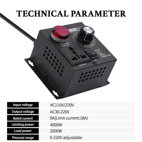 Heavy Duty AC Motor Speed Controller Featuring Crisp LED Readout With 120V SCR Voltage Regulator side view showing input and output specifications.