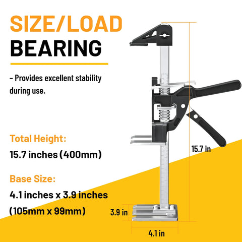 Two Pack Labor Saving Arm Jack shown with height dimensions and stability features, heavy duty steel construction for DIY installations.