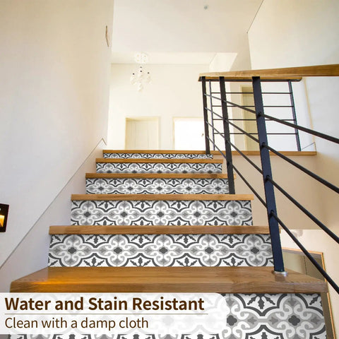 14 Strips Peel And Stick Stair Risers Self Adhesive Vinyl Stickers Decals For Steps With Moroccan Pattern, Staircase Murals Decor, 39.37 By 7.09 Inches, Easy Peel And Stick Install