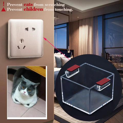 Magnetic Push Button Switch Protective Cover Square 84x84x62mm next to cat and room setup.
