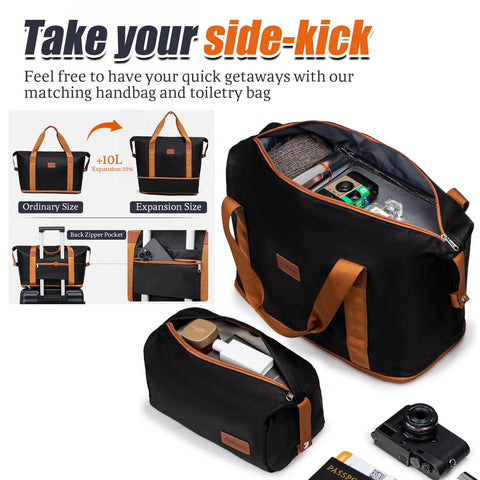 Cosbarn 5-piece black luggage set with orange handles and spinner wheels for travel