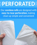 Hands holding a perforated coreless roll of Super Tough Clear 13 Gallon Trash Bags 250 Count Bulk Stash for easy tearing.